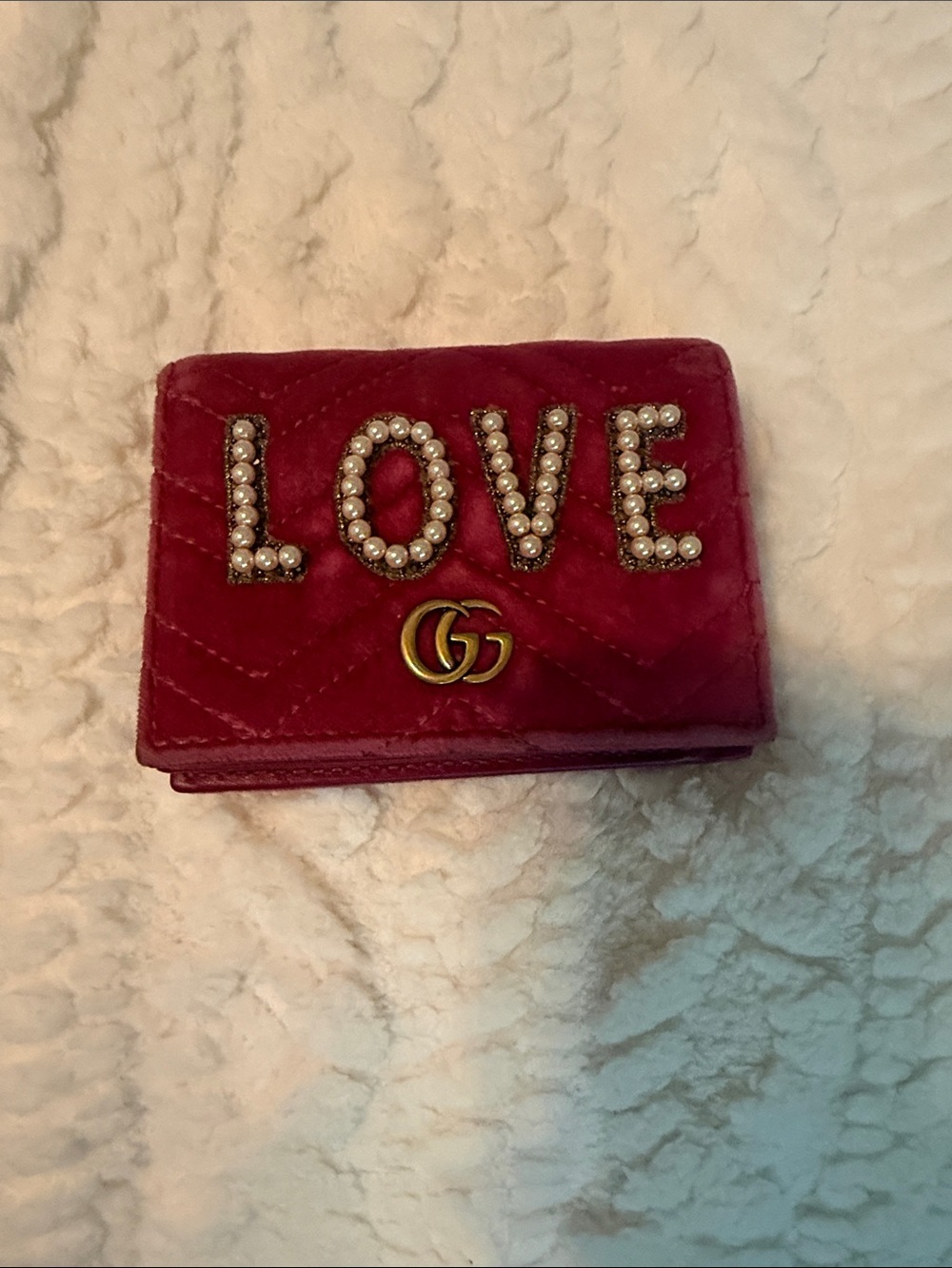 Gucci Red Velvet Quilted Card Wallet with Pearl 'LOVE' and Gold GG